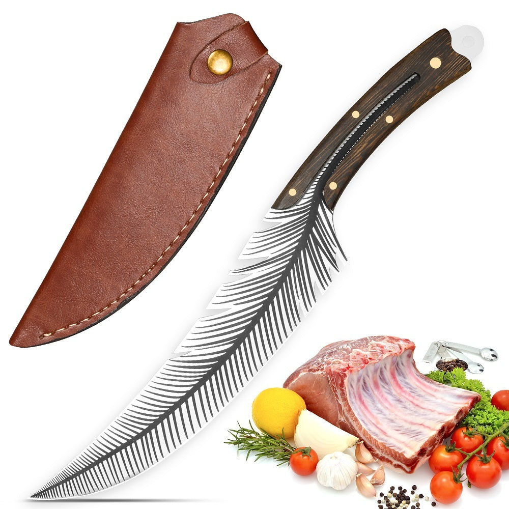 Viking Knife - 13.8 Inch Full Tang Boning Knife With 8.5 Inch Feather Blade & Leather Sheath - Sharp Hand-Forged 7Cr17MOV Carbon Steel