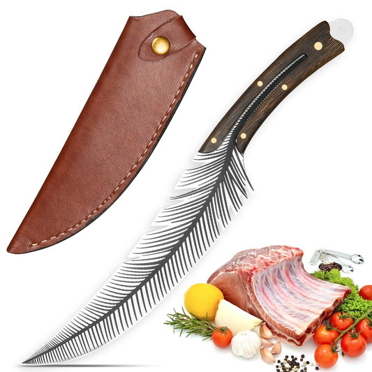 Viking Knife - 13.8 Inch Full Tang Boning Knife With 8.5 Inch Feather Blade & Leather Sheath - Sharp Hand-Forged 7Cr17MOV Carbon Steel