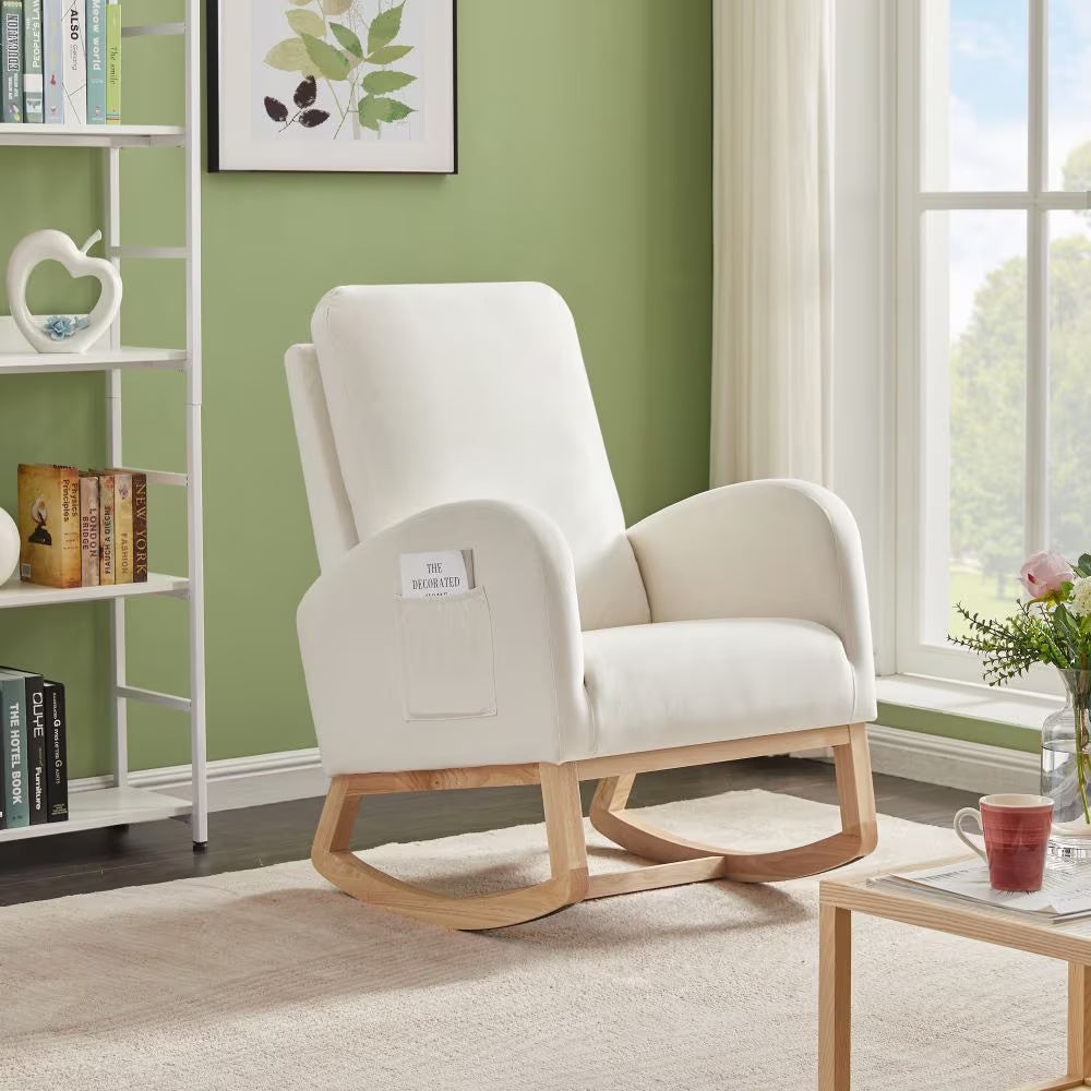 Beige Velvet Rocking Chair With Organizer