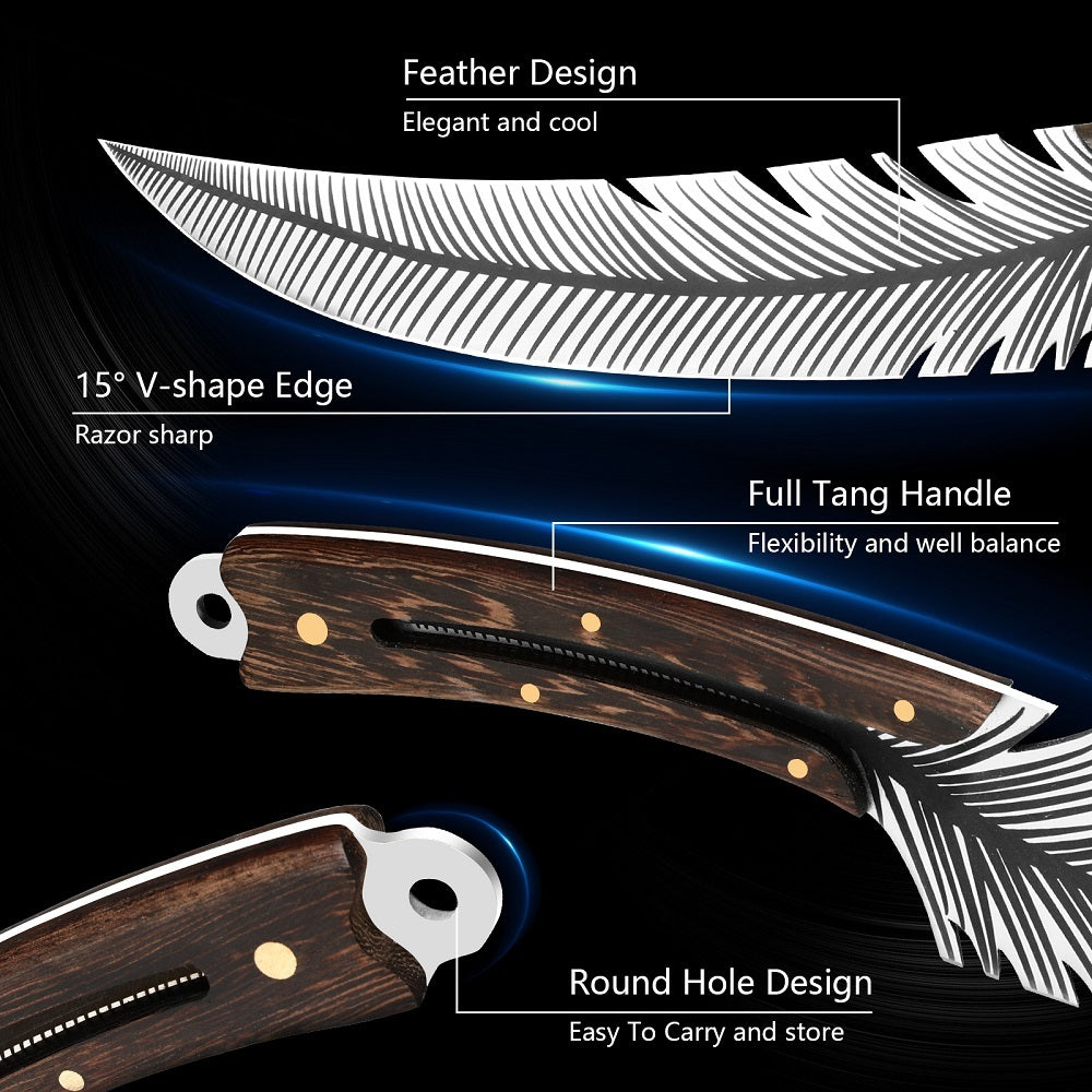 Viking Knife - 13.8 Inch Full Tang Boning Knife With 8.5 Inch Feather Blade & Leather Sheath - Sharp Hand-Forged 7Cr17MOV Carbon Steel