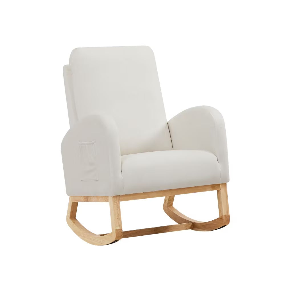 Beige Velvet Rocking Chair With Organizer