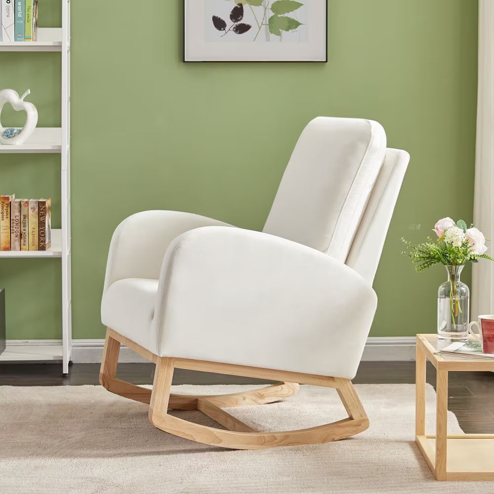 Beige Velvet Rocking Chair With Organizer