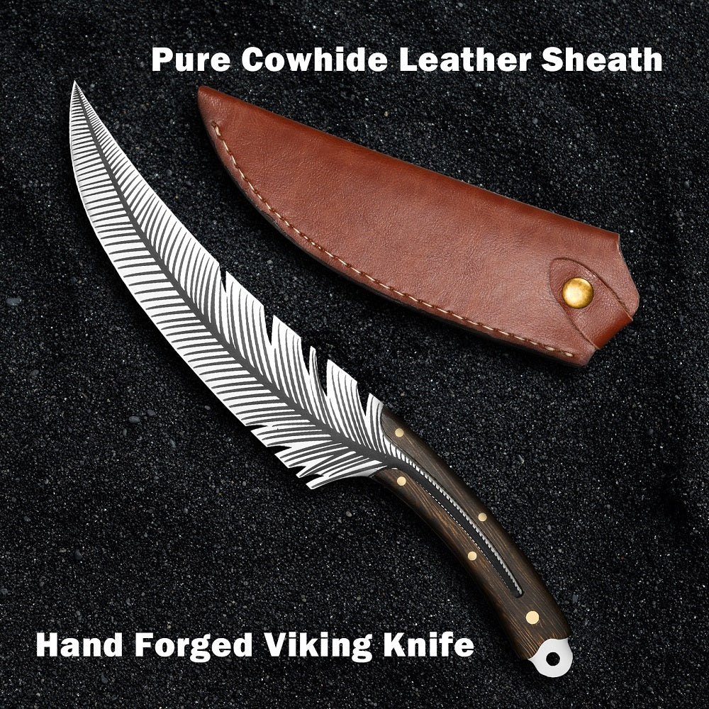 Viking Knife - 13.8 Inch Full Tang Boning Knife With 8.5 Inch Feather Blade & Leather Sheath - Sharp Hand-Forged 7Cr17MOV Carbon Steel