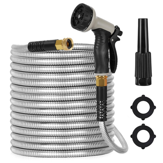 Metal Garden Hose, 100ft Stainless Steel Flexible Water Hose With 10 Adjustable Patterns Spray Nozzle, Heavy Duty Water Pipe , Kink Free , 2 Nozzles